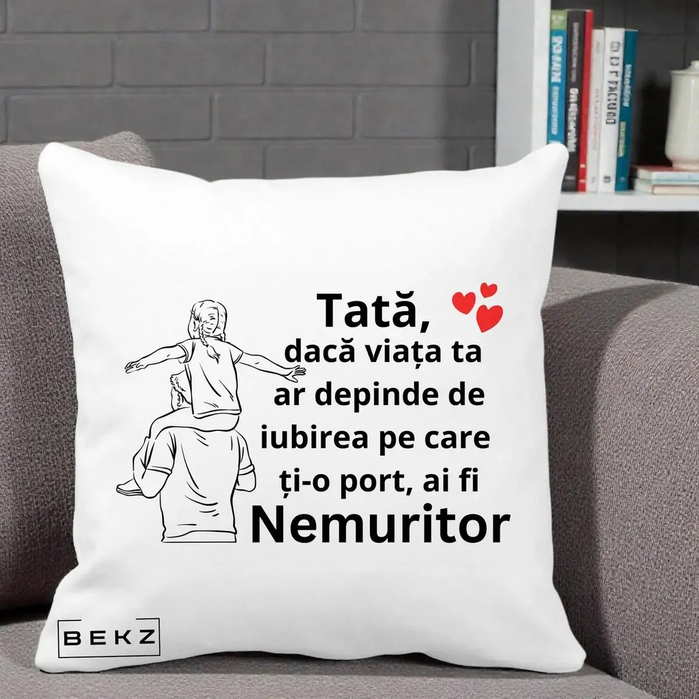 Cadou pentru Tata - Perna Personalizata Tata Supererou Nemuritor, 40x40 cm, Alba Mata, Husa Detasabila, Perna Inclusa, BEKZ®