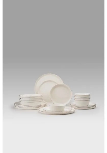 Set de masă 24 piese din porțelan, alb cu detalii argintate