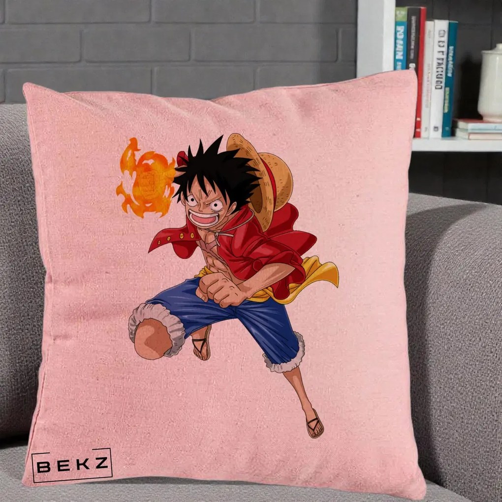 Perna Personalizata One Piece Luffy Gear Second Foc, 40x40 cm, Roz, Husa Detasabila, Perna Inclusa, BEKZ®