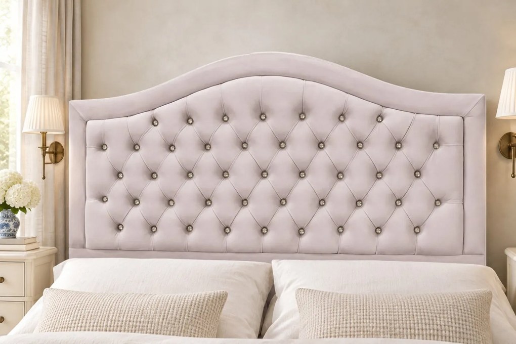 Pat tapițat Chesterfield din catifea Solaria Deluxe Cristal 200×200 cm, crem, cu ladă de depozitare
