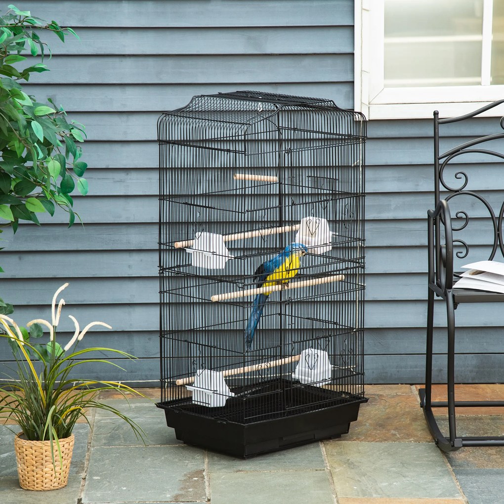 PawHut Colivie pentru Papagali cu Stinghii, Leagan și Boluri, Volieră din Metal și Plastic, 46.5x35.5x92 cm, Negru | Aosom Romania