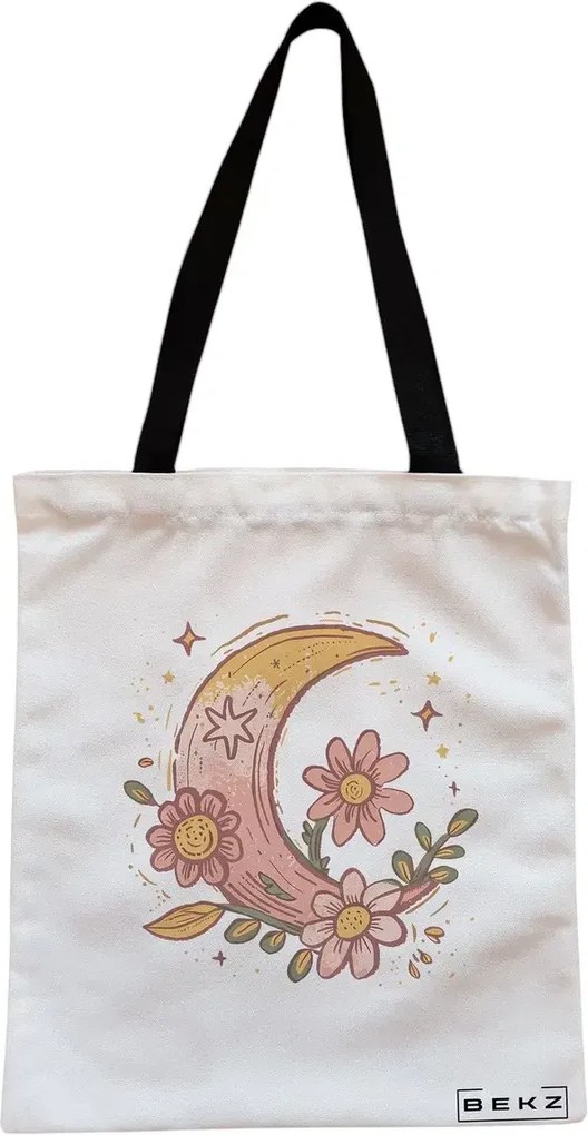 Sacosa de Panza pentru Cumparaturi, Geanta Tote, Moon Flower, Cu fermoar, 38x34.5 cm, Alba, BEKZ®