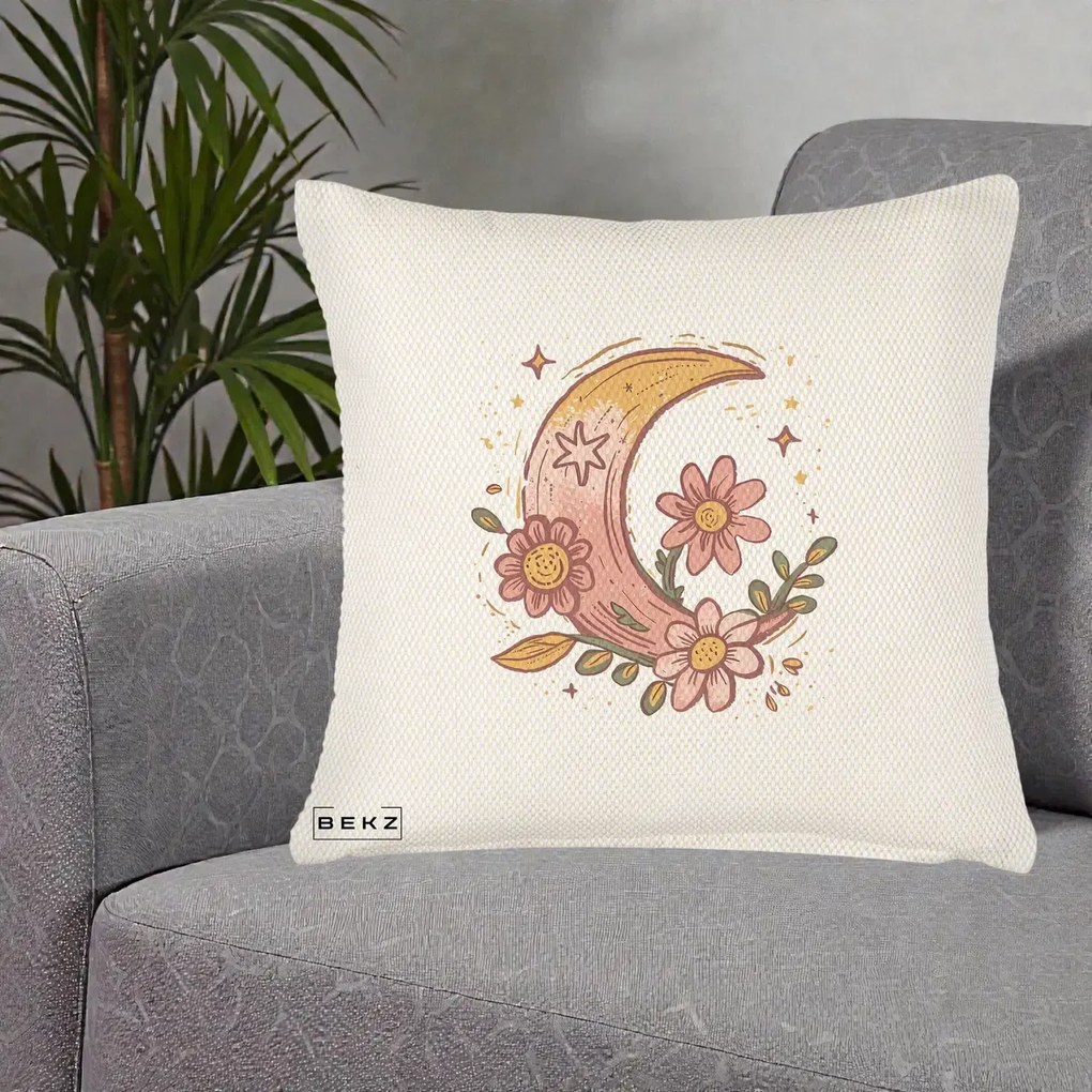 Perna Decorativa Luna Florala Boho, 40x40 cm, Crem Reliefat, Husa Detasabila, Perna Inclusa, BEKZ®