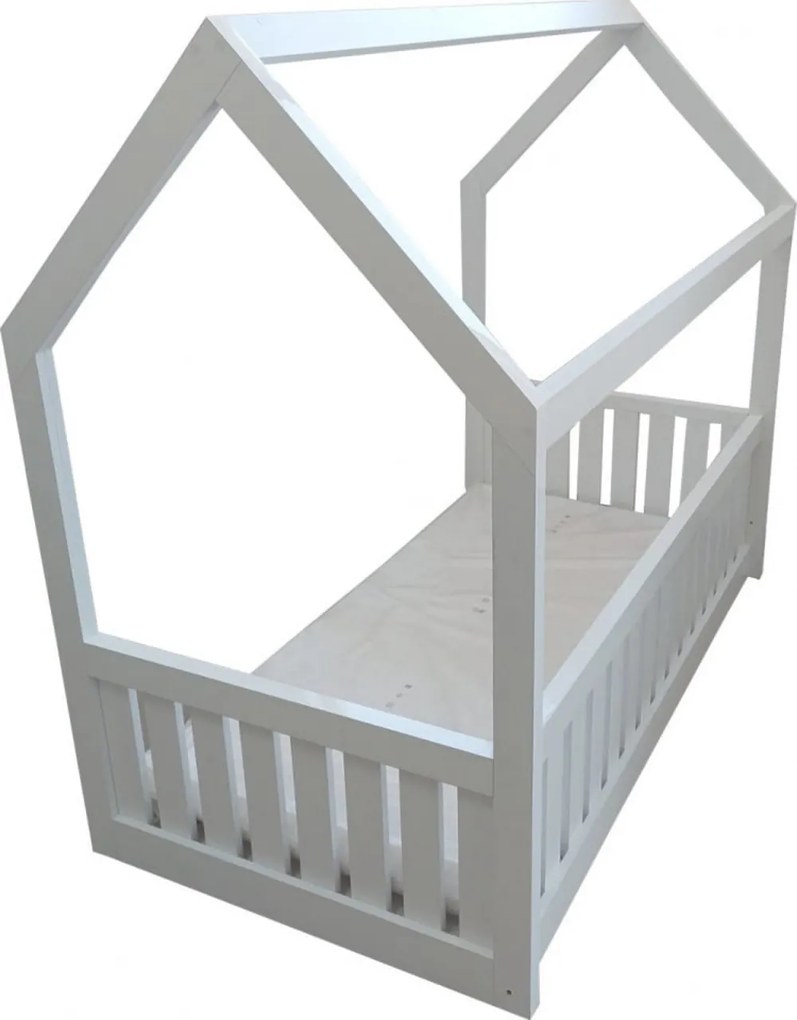 Pat tip casuta pentru copii NOVOKIDS™ Lovely Little House, 160x80 CM, Set cu Saltea din Spuma MATSEN® 10 CM Inclusa, Pal 18 mm, Margini anti-lovire,
