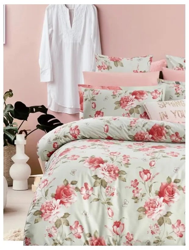 Lenjerie de pat verde/roz din bumbac ranforcé pentru pat dublu/extinsă cu cearceaf inclus/cu 4 piese 200x220 cm – Mila Home