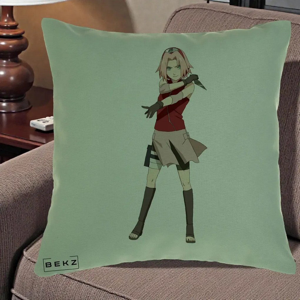 Perna Personalizata Naruto Sakura Haruno Portret, 40x40 cm, Verde, Husa Detasabila, Perna Inclusa, BEKZ®