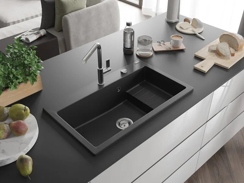 Mexen Omar chiuvetă granit cu 1 cuvă 800 x 480 mm, negru, sifon crom - 6520801005-77