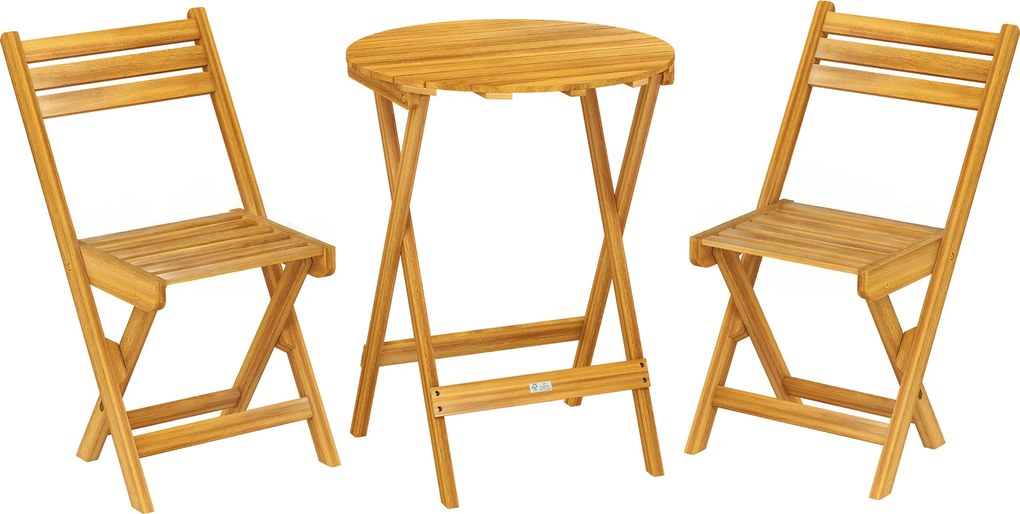 Outsunny Set bistro pliant 3 piese din lemn de acacia cu masă rotundă și 2 scaune, fără asamblare, 60x60x75cm, Natural | Aosom Romania