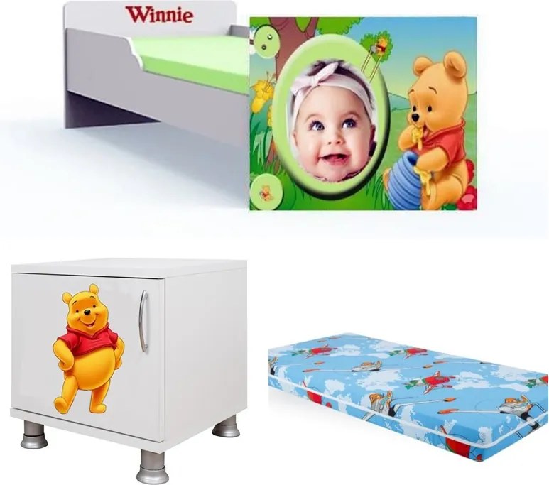 Pat tineret Winnie personalizat cu saltea si noptiera cadou