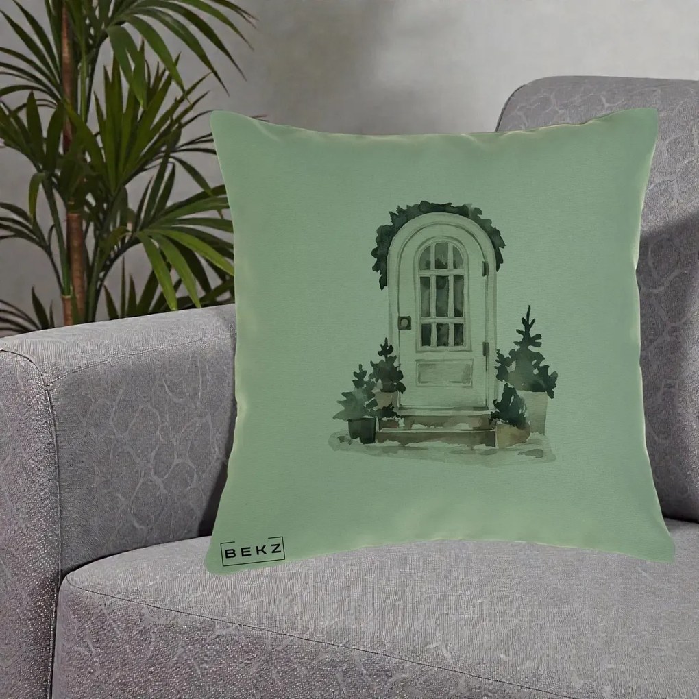 Perna Decorativa Usa de Iarna Watercolor, 40x40 cm, Verde, Husa Detasabila, Perna Inclusa, BEKZ®