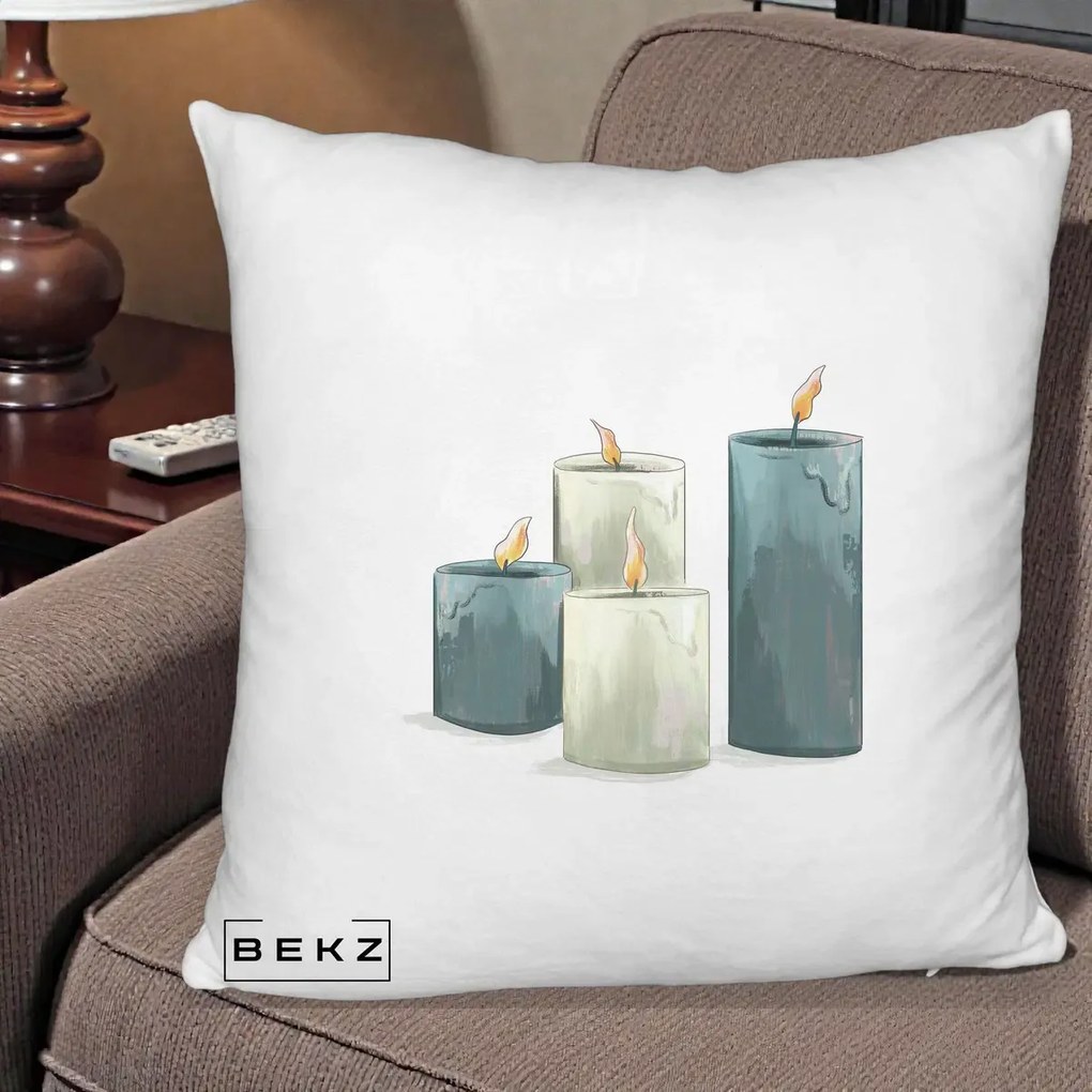 Perna Decorativa Lumanari Hygge Alb-Verde, 40x40 cm, Alb Pufos, Husa Detasabila, Perna Inclusa, BEKZ®