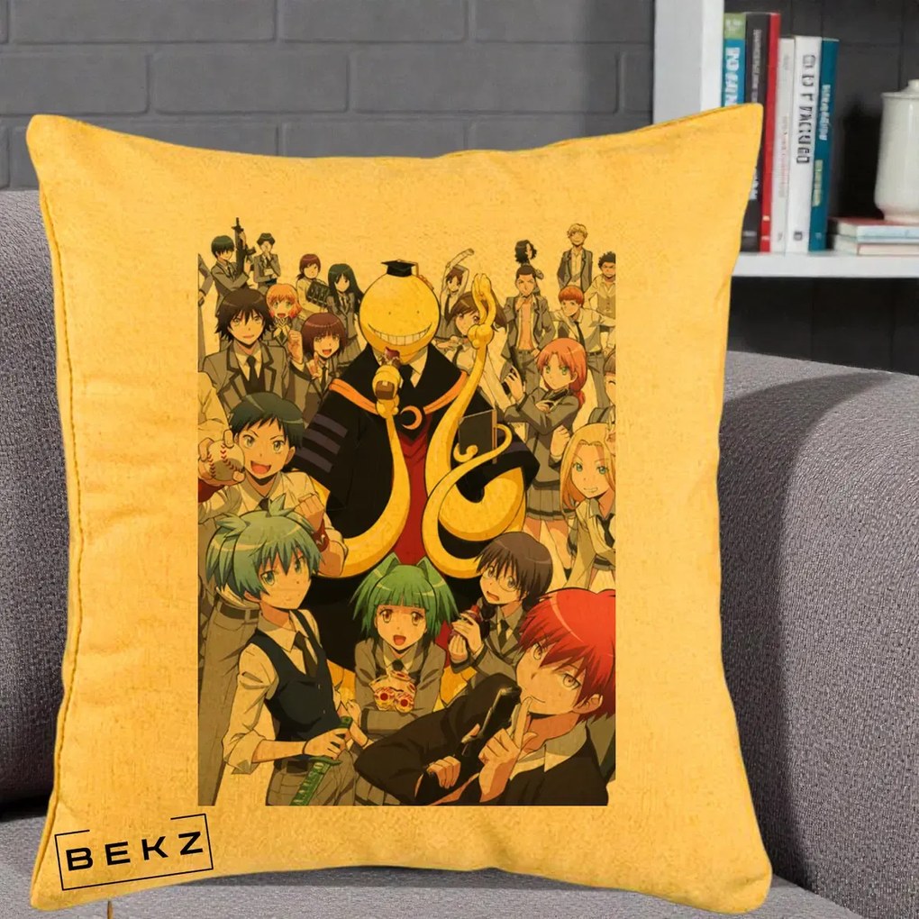 Perna Personalizata Assassination Classroom Grup Complet Anime, 40x40 cm, Galben, Husa Detasabila, Perna Inclusa, BEKZ®