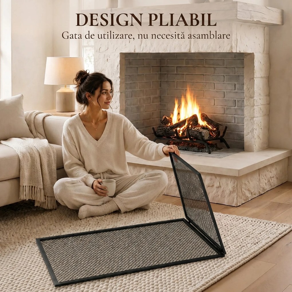 HOMCOM Parascântei Pliabil pentru Șemineu, 2 Panouri, din Metal Vopsit, Gata de Utilizare, 140 x 1 x 50 cm, Negru | Aosom Romania
