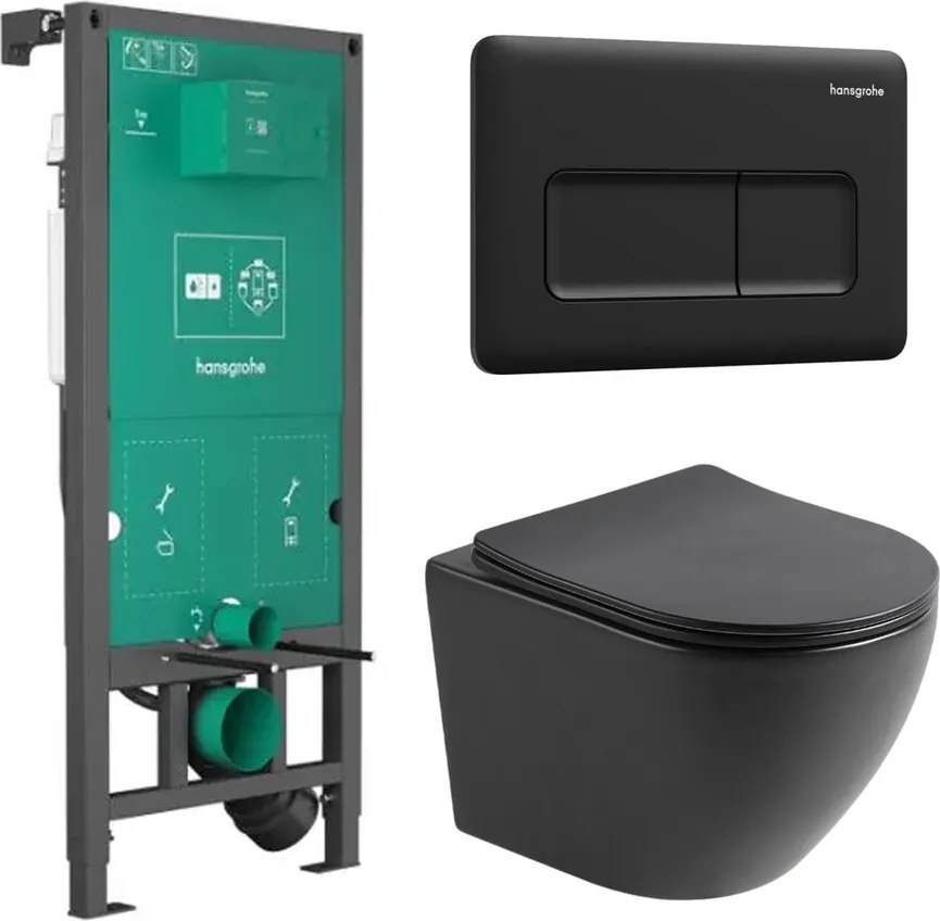 Set rezervor WC cu cadru incastrat Hansgrohe iFrame 112 cm si clapeta de actionare iFrame Original Q negru mat plus vas WC Rune Ivaldi cu capac softclose