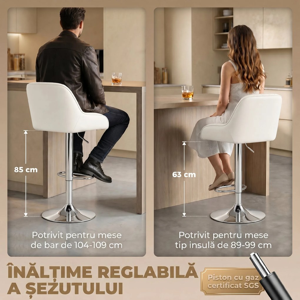 HOMCOM Set 2 Scaune de Bar Rotative și Reglabile pentru Bucătărie, Metal, Alb | Aosom Romania
