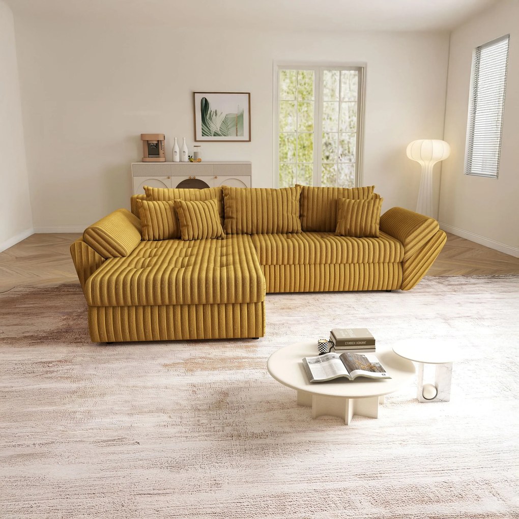 Colțar extensibil dumonde cu ladă de depozitare si sezut confortabil din spuma high-density, Loana Ambience Mustar 270x185 cm