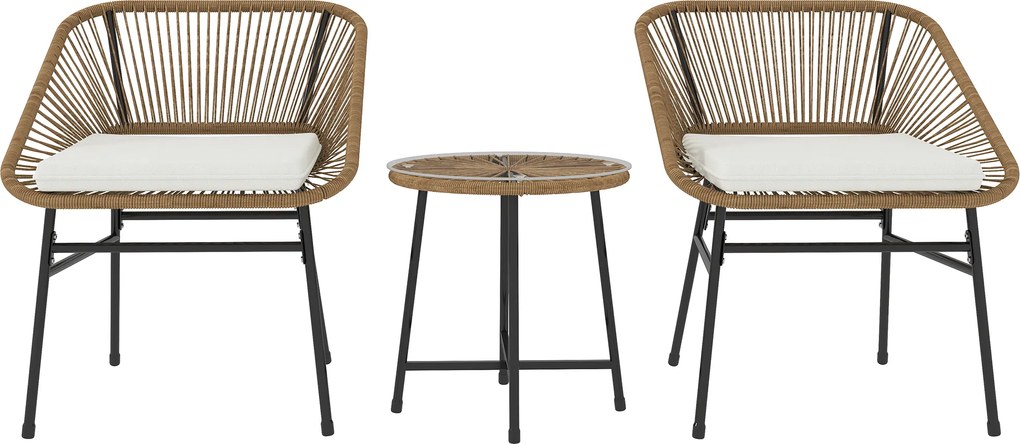 Outsunny Set Bistro din 3 Piese cu Măsuță de Cafea cu Blat de Sticlă și 2 Scaune, Φ45x46 cm, Natural | Aosom Romania