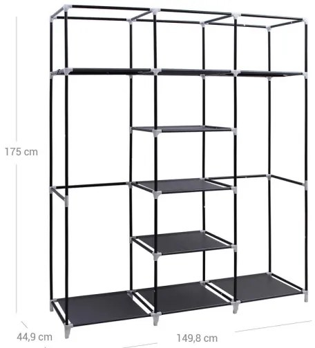 Dulap textil de depozitare MATIS 150 x 175 cm, cu rafturi și bară pentru haine, negru