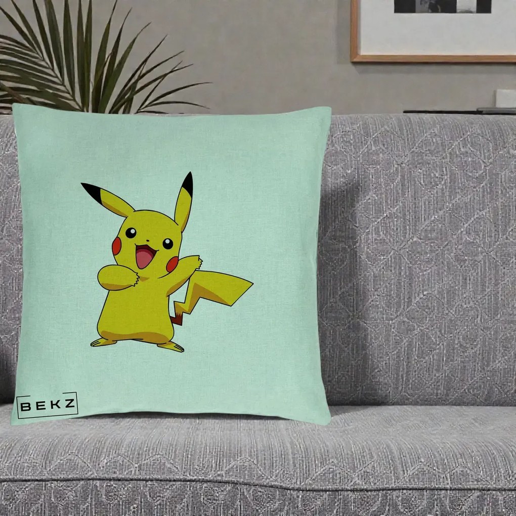 Perna Personalizata Pikachu Fericit, 40x40 cm, Verde Menta, Husa Detasabila, Perna Inclusa, BEKZ®