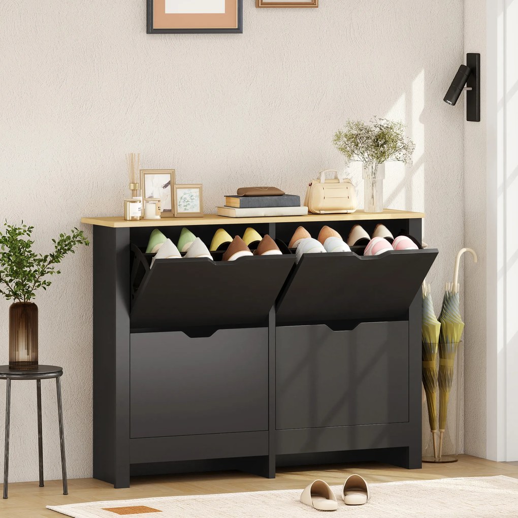 HOMCOM Dulap pentru pantofi 16 perechi, dulap cu 4 sertare rabatabile și polițe reglabile, negru și lemn natural | Aosom Romania