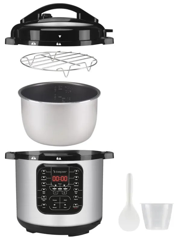 Multicooker sub presiune Beper P101COS001, 1200W, 6 L, 15 programe, Timer, Inox/Negru