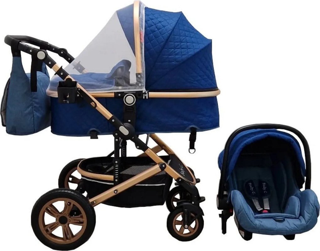 Carucior nou nascuti 3 in 1 Baby Care™ PRO 530, Cu geanta bebe, Cadru Aluminiu , Amortizoare, Roti din cauciuc plin AVE, Landou, Scoica auto, Spatar