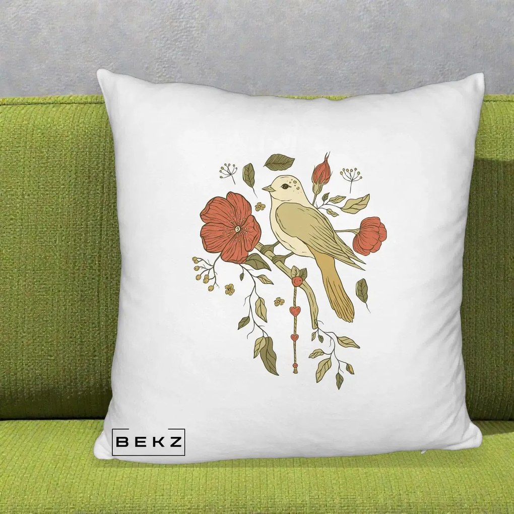 Perna Decorativa Pasare pe Ramura cu Maci, 40x40 cm, Alb Pufos, Husa Detasabila, Perna Inclusa, BEKZ®