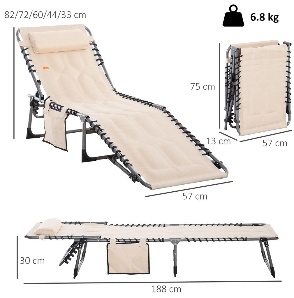 Outsunny Şezlong, Şezlong de grădină pliabil, șezlong cu pernă, spătar reglabil în 5 trepte, Material Oxford, 188 x 57 x 30 cm, Bej | Aosom Romania