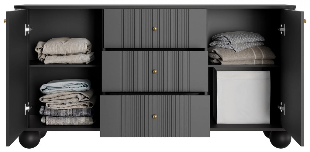 Comodă cu sertare Vesper 160 cm - negru / mânere aurii / picioare sferice