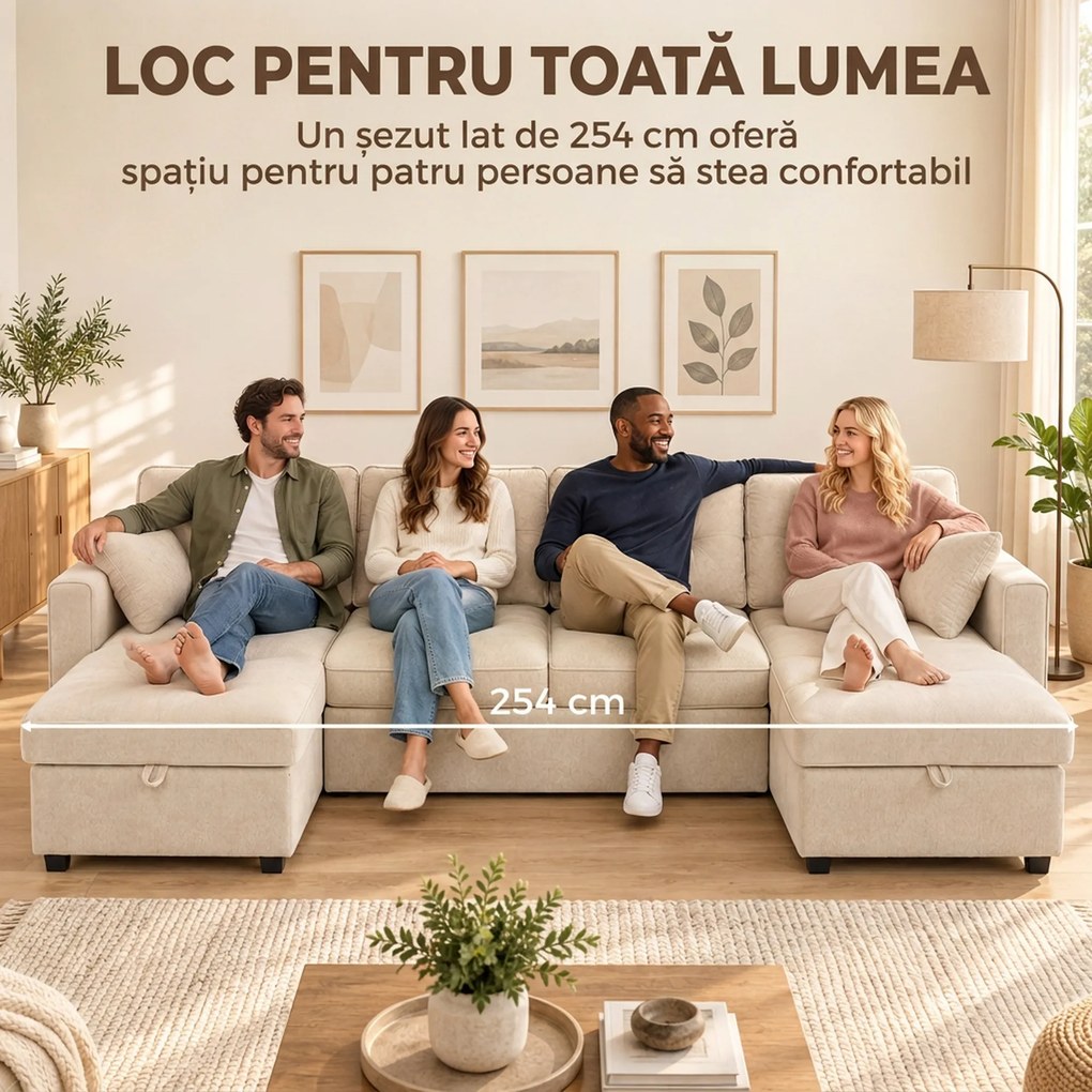 HOMCOM Colțar extensibil mare în formă de U, cu 2 șezlonguri, spații de depozitare și 2 perne, din șenilă, bej | Aosom Romania