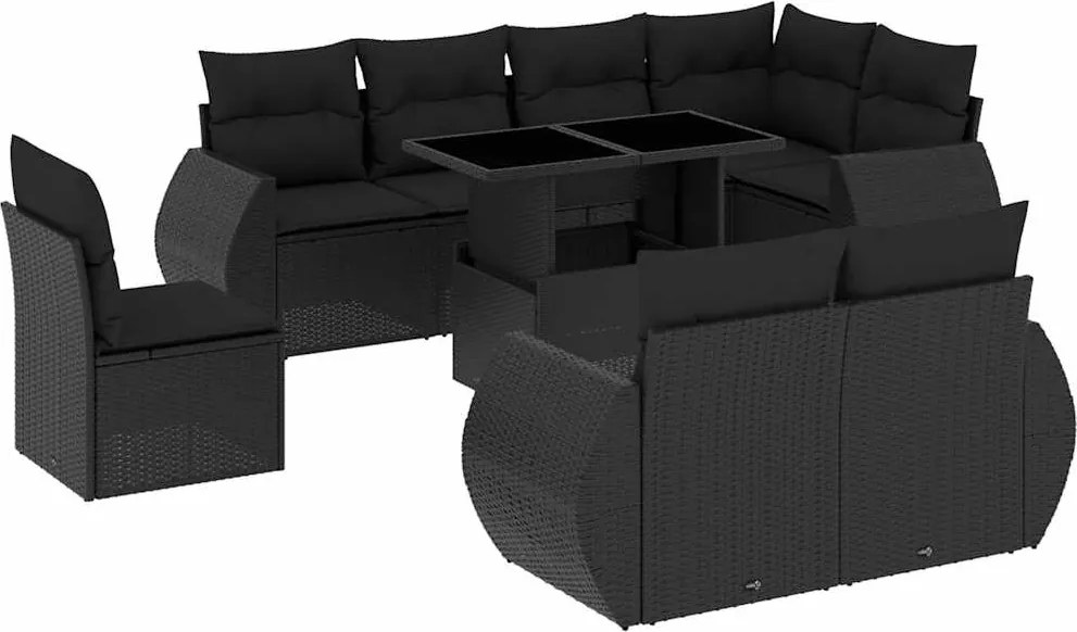 vidaXL Set mobilier de grădină cu perne, 9 piese, negru, poliratan
