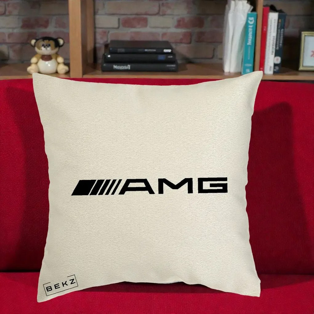 Perna Personalizata cu emblema Mercedes-AMG, 40x40 cm, Ecru, Husa Detasabila, Perna Inclusa, BEKZ®