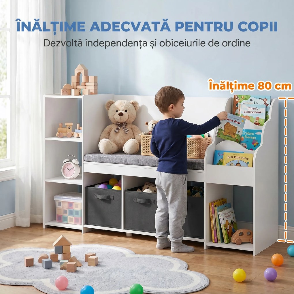 AIYAPLAY Raft Depozitare Jucării Copii 3-8 Ani cu Bibliotecă pe 3 Niveluri, 3 Sertare, 4 Compartimente, Pernă, Alb | Aosom Romania
