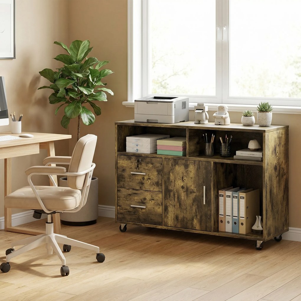 HOMCOM Dulap pentru Imprimantă pe Roți cu 2 Sertare, Încuietoare cu Cheie, 3 Rafturi și Dulap, pentru Documente de Birou și Studiu, 100x35x65 cm, Maro Rustic | Aosom Romania
