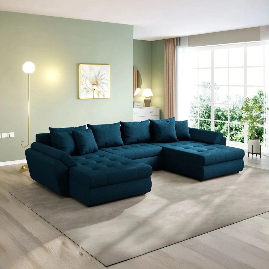 Colțar extensibil dumonde cu ladă de depozitare si sezut confortabil din spuma high-density, Loana U Enjoy Petrol 355x185 cm