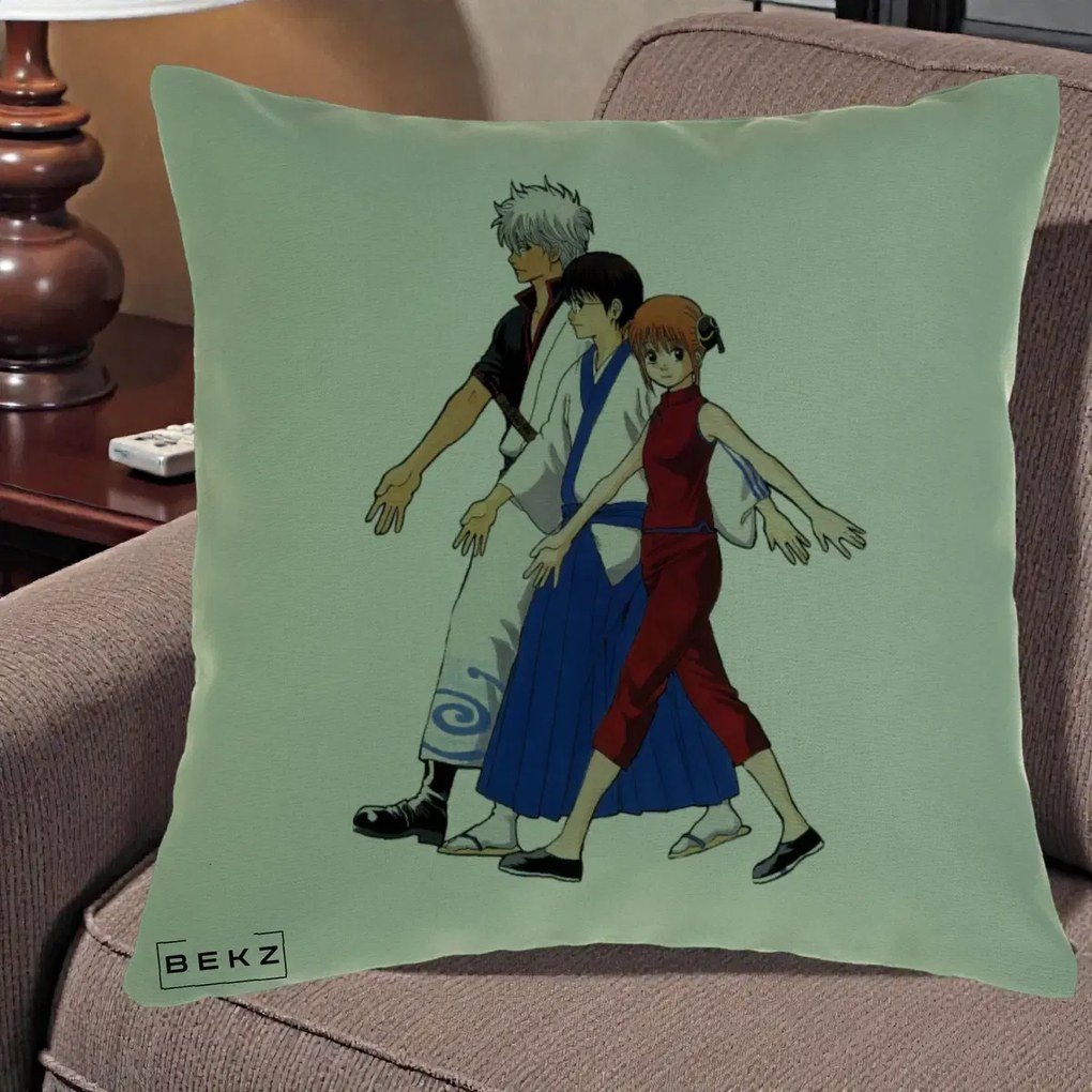 Perna Personalizata Gintama Trio Gintoki Shinpachi Kagura, 40x40 cm, Verde, Husa Detasabila, Perna Inclusa, BEKZ®