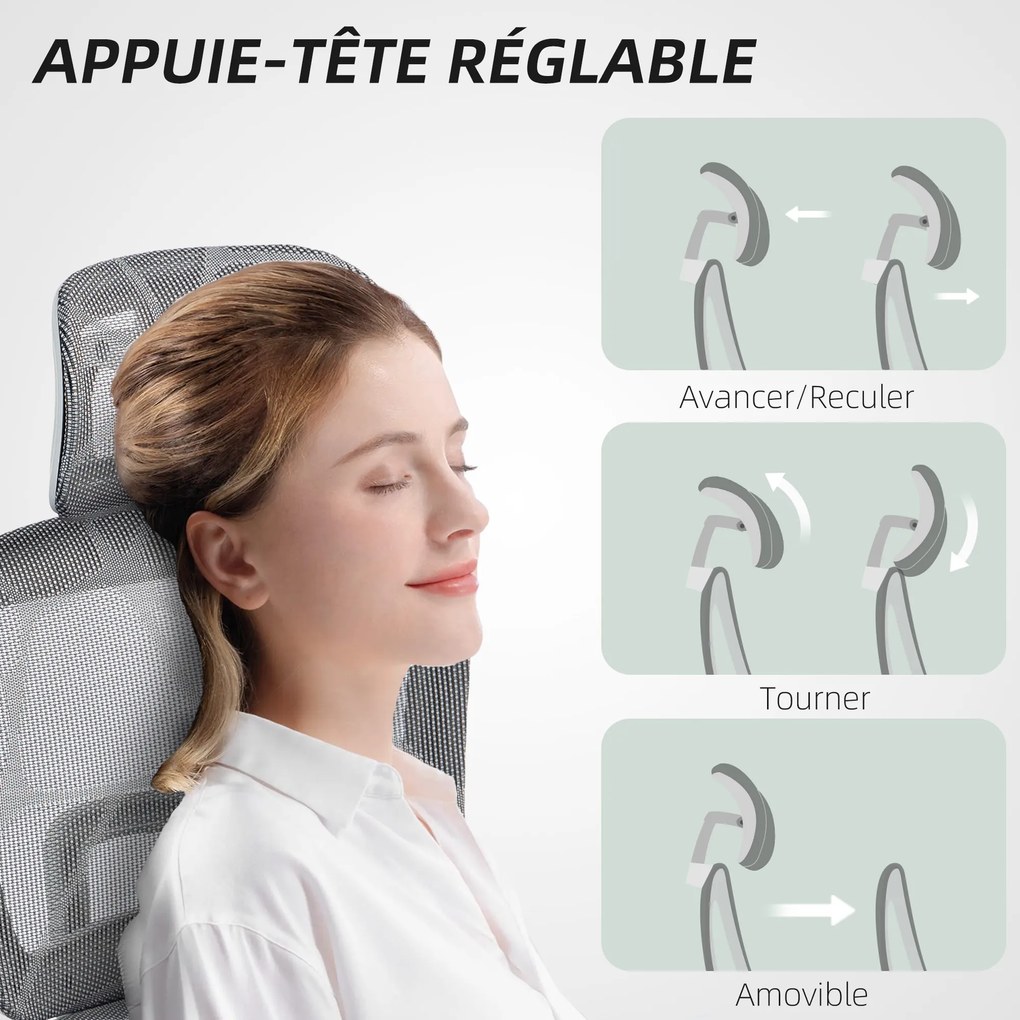 HOMCOM Fotoliu de birou, scaun ergonomic din plasă cu cotiere 3D, spătar rabatabil, 66x64x122 cm, gri | Aosom Romania