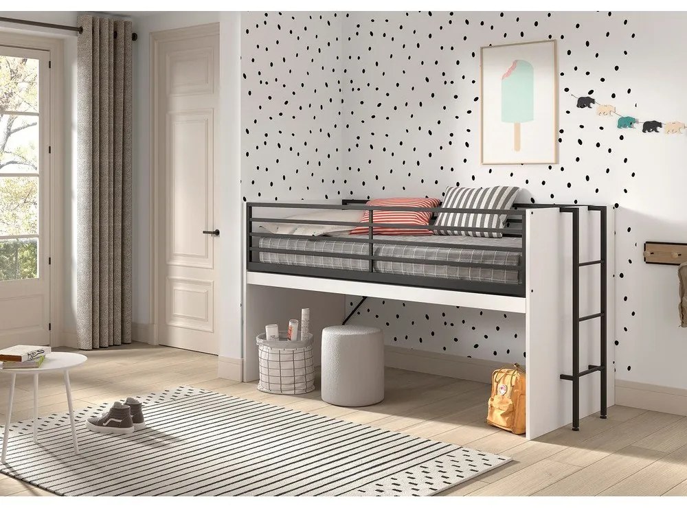 Pat pentru copii alb înalt cu somieră 90x200 cm Sam – Vipack