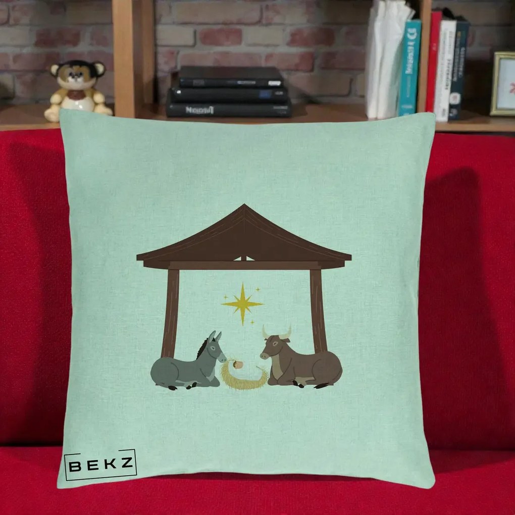 Perna Decorativa Ieslea din Betleem cu Iesle Asin si Bou, 40x40 cm, Verde Menta, Husa Detasabila, Perna Inclusa, BEKZ®