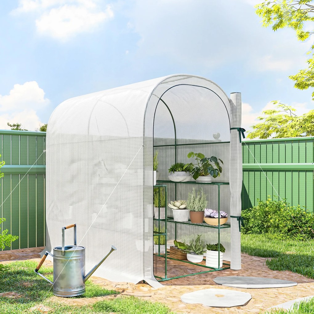 Outsunny Seră de Grădină cu Rafturi și Ușă Rulabilă, Seră pentru Grădină cu Cadru din Oțel, Acoperiș din PE Anti-UV, pentru Legume, Flori și Plante, 123x187x189 cm, Alb | Aosom Romania