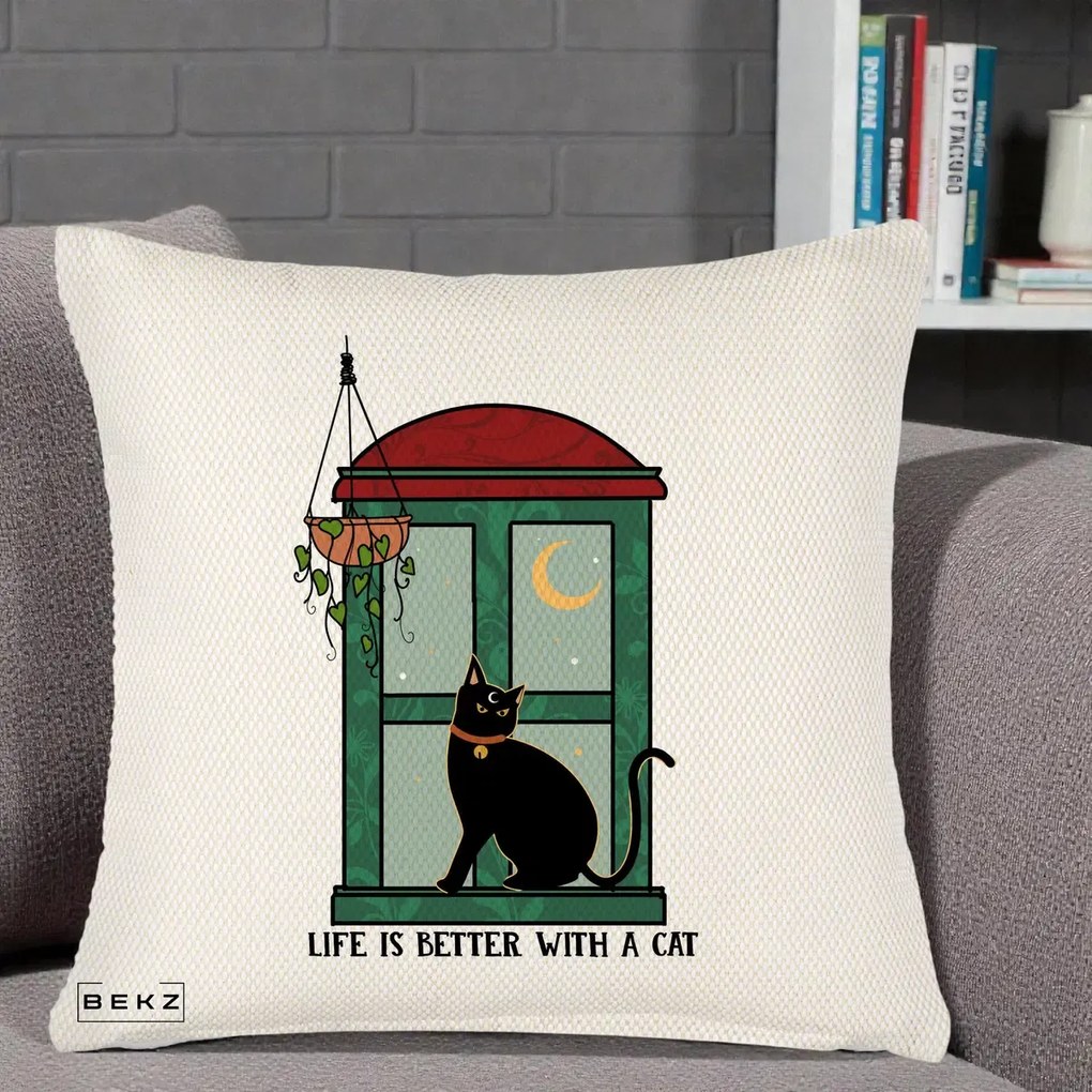 Perna Personalizata Life is Better with a Cat Geam, 40x40 cm, Crem Reliefat, Husa Detasabila, Perna Inclusa, BEKZ®