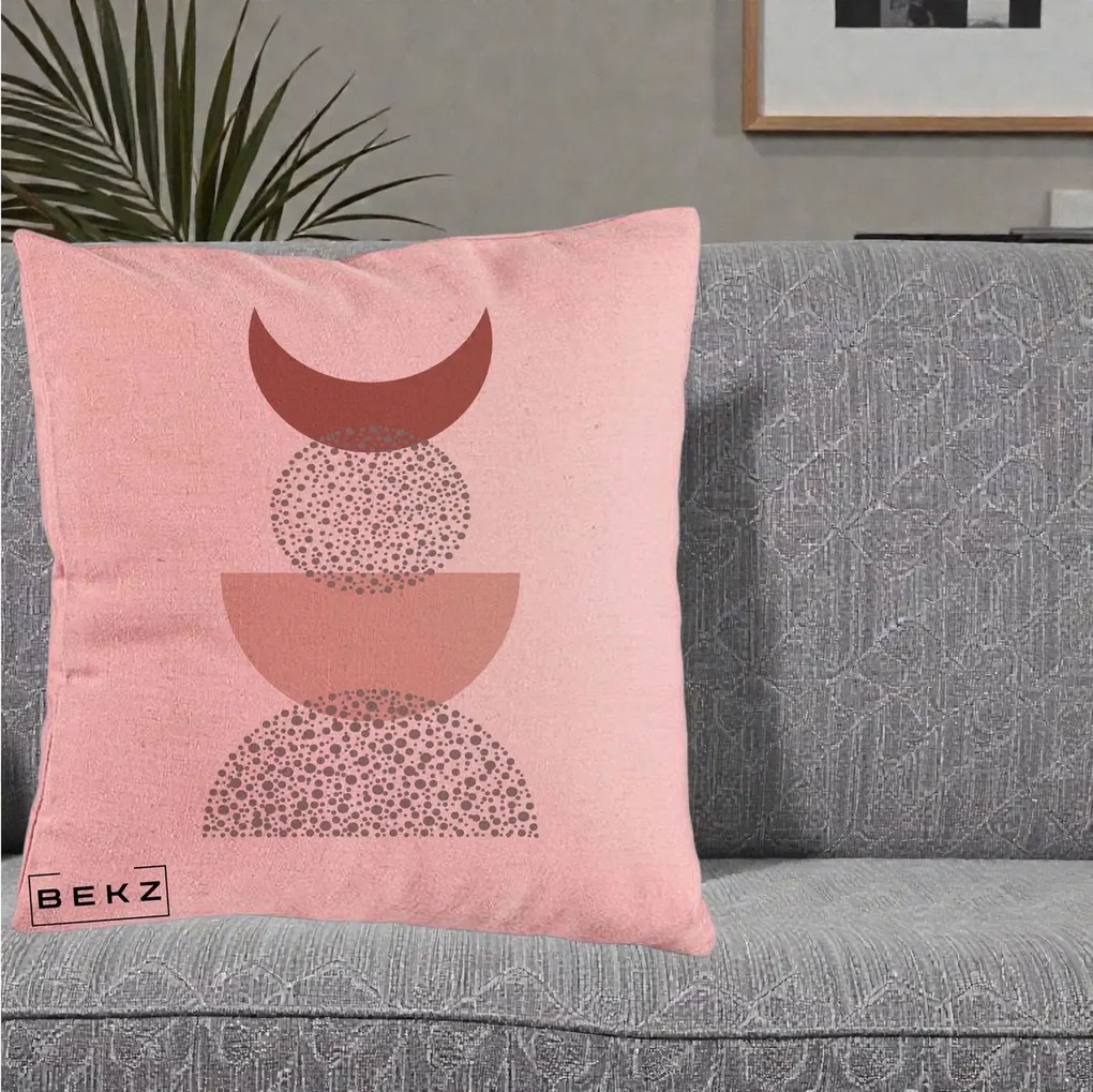 Perna Decorativa Boho Luna Plina si Forme Punctate, 40x40 cm, Roz, Husa Detasabila, Perna Inclusa, BEKZ®