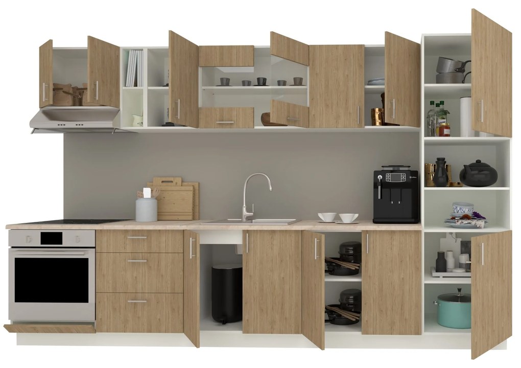 Set Bucatarie Karo V31, Lemn Natural/Alb, Blat Thermo 28 mm, L 340 cm