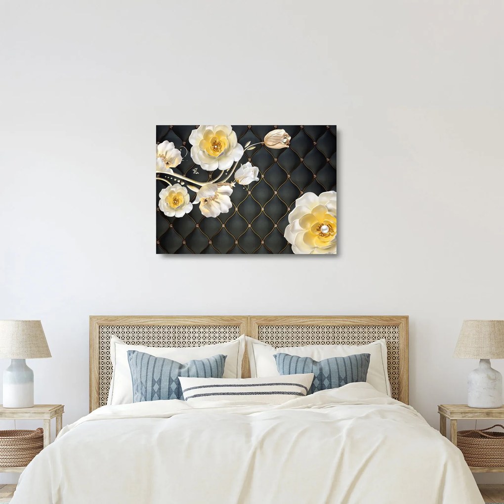 Tablou pe sticlă - Imagine cu flori de trandafir alb (70x50 cm)