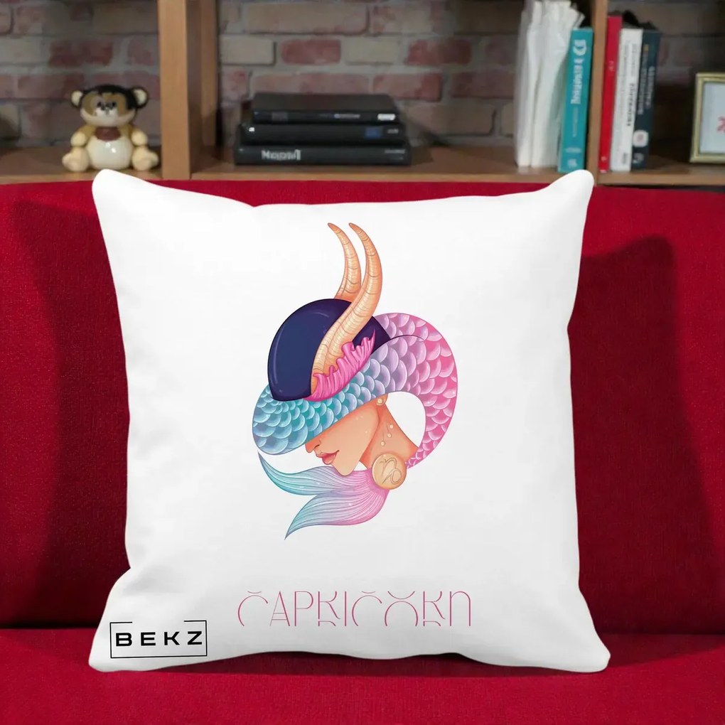 Perna Personalizata Zodiac Capricorn Cowgirl, 40x40 cm, Alba Mata, Husa Detasabila, Perna Inclusa, BEKZ®