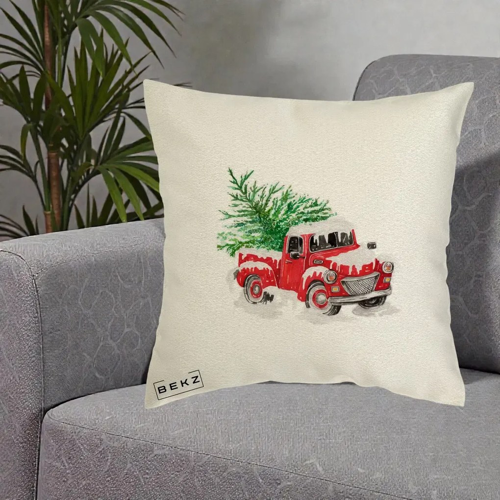 Perna Decorativa Camioneta Rosie Brad de Craciun, 40x40 cm, Ecru, Husa Detasabila, Perna Inclusa, BEKZ®