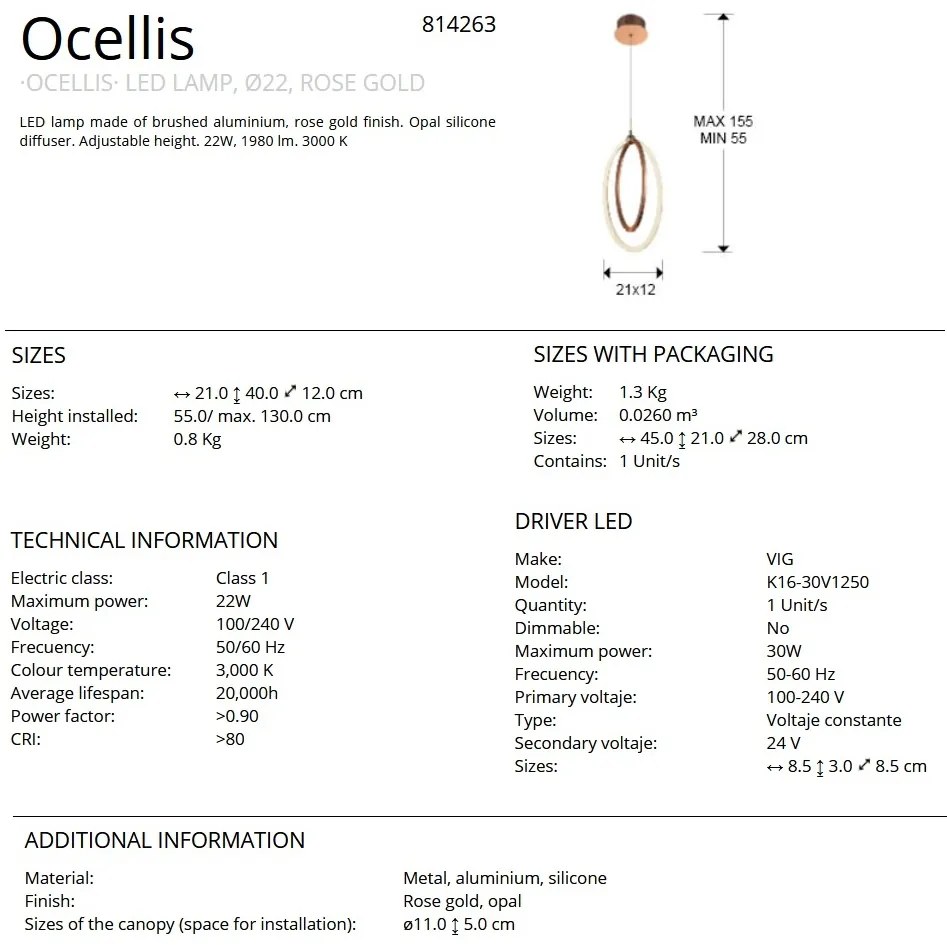 Pendul LED design ultra-modern Ocellis auriu roze SV-814263