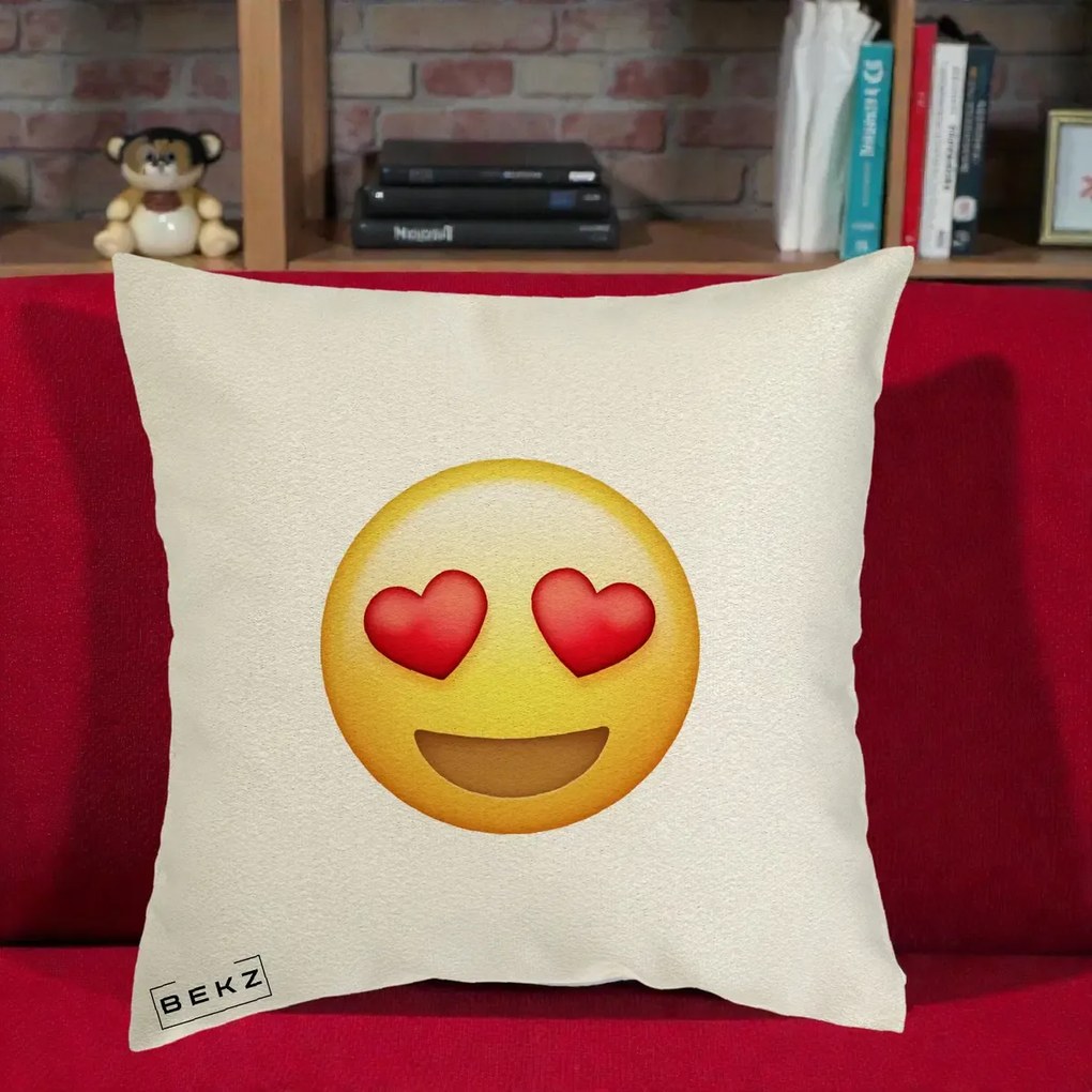 Perna Decorativa Emoji Inimi in Ochi, 40x40 cm, Ecru, Husa Detasabila, Perna Inclusa, BEKZ®