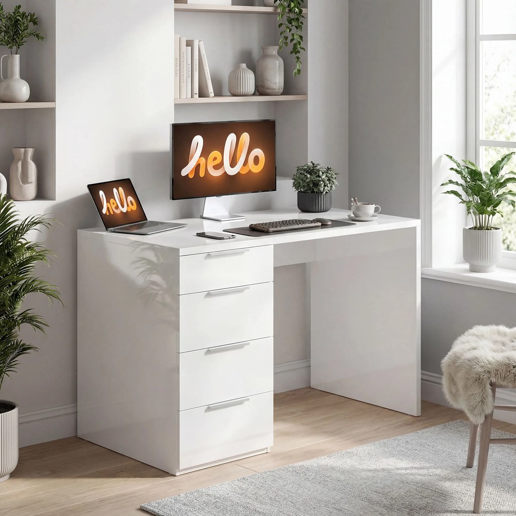 HOMCOM Birou Compact, 110x61.5x75 cm Birou Modern cu 4 Sertare, Masă pentru Computer, Cameră și Birou, Alb Lucios | Aosom Romania