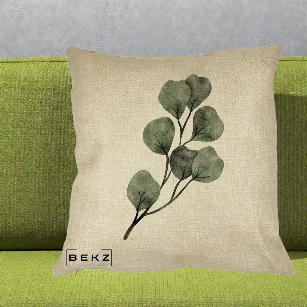 Perna Decorativa Ramura Eucalipt Acuarela, 40x40 cm, Crem, Husa Detasabila, Perna Inclusa, BEKZ®